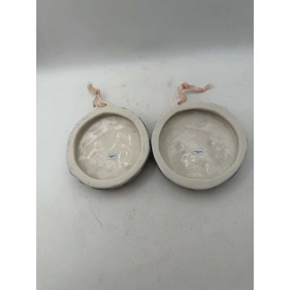 Vintage Autom Porcelain Nativity Christmas Ornaments Blue White Relief Set of 2